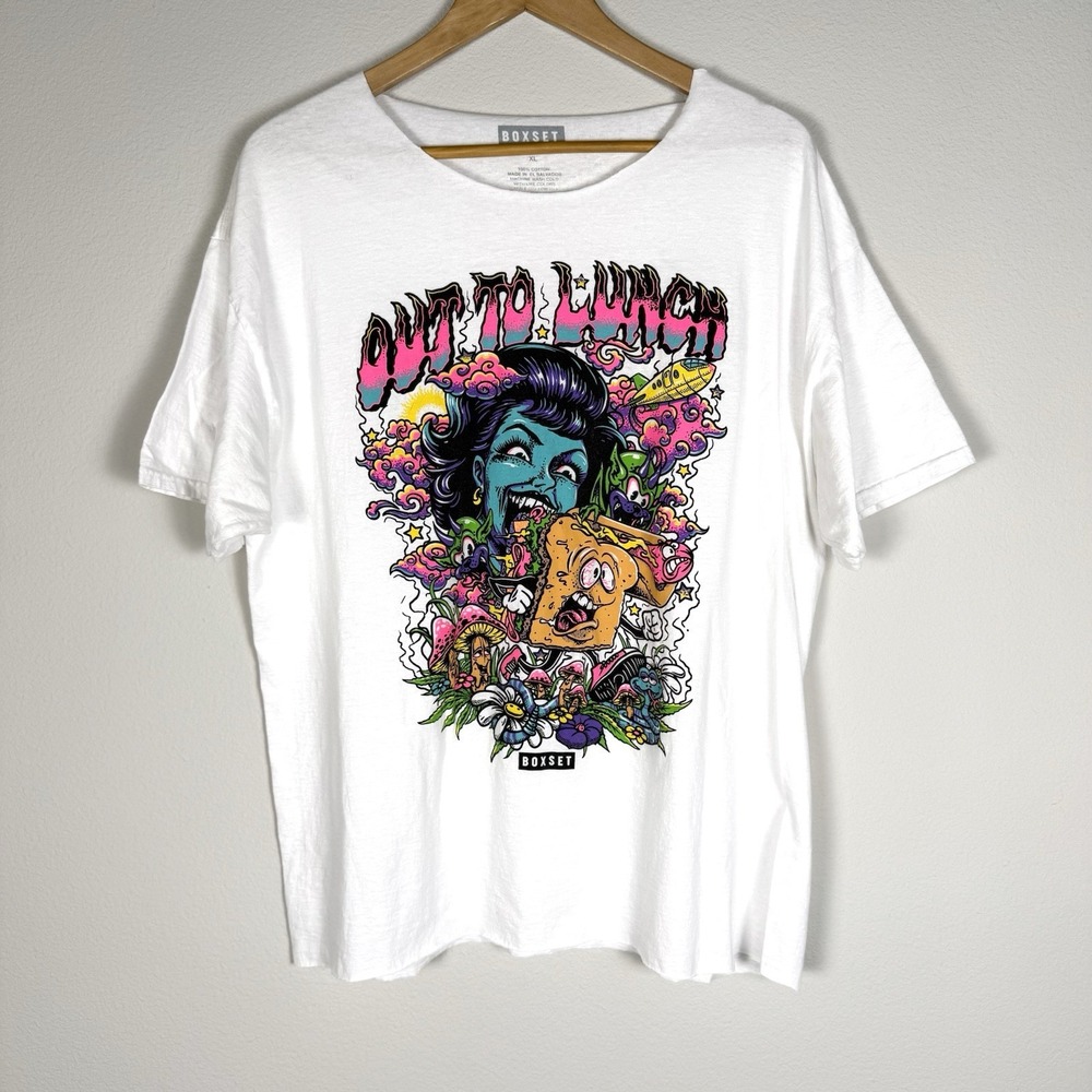 Boxset Out To Lunch Graphic Tee Upcycled Womens XL Colorful Grunge Neon Skater